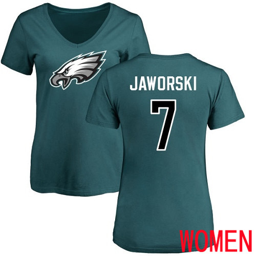 Women Philadelphia Eagles #7 Ron Jaworski Green Name and Number Logo Slim Fit NFL T Shirt->nfl t-shirts->Sports Accessory